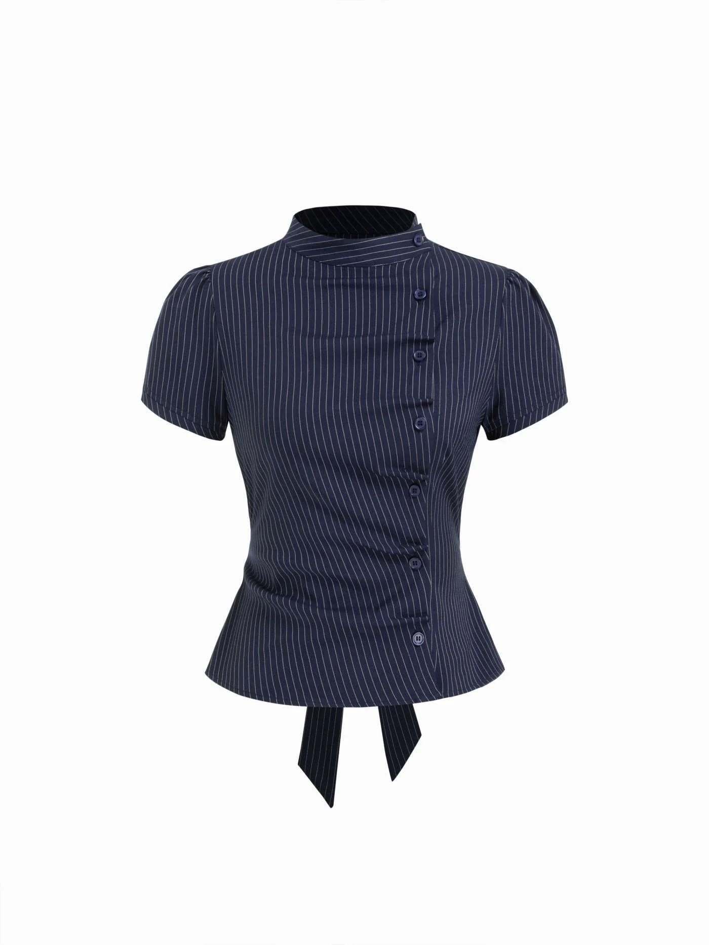 Plaid Stand Collar Puff Sleeve Tie Back Button Blouse | Cider