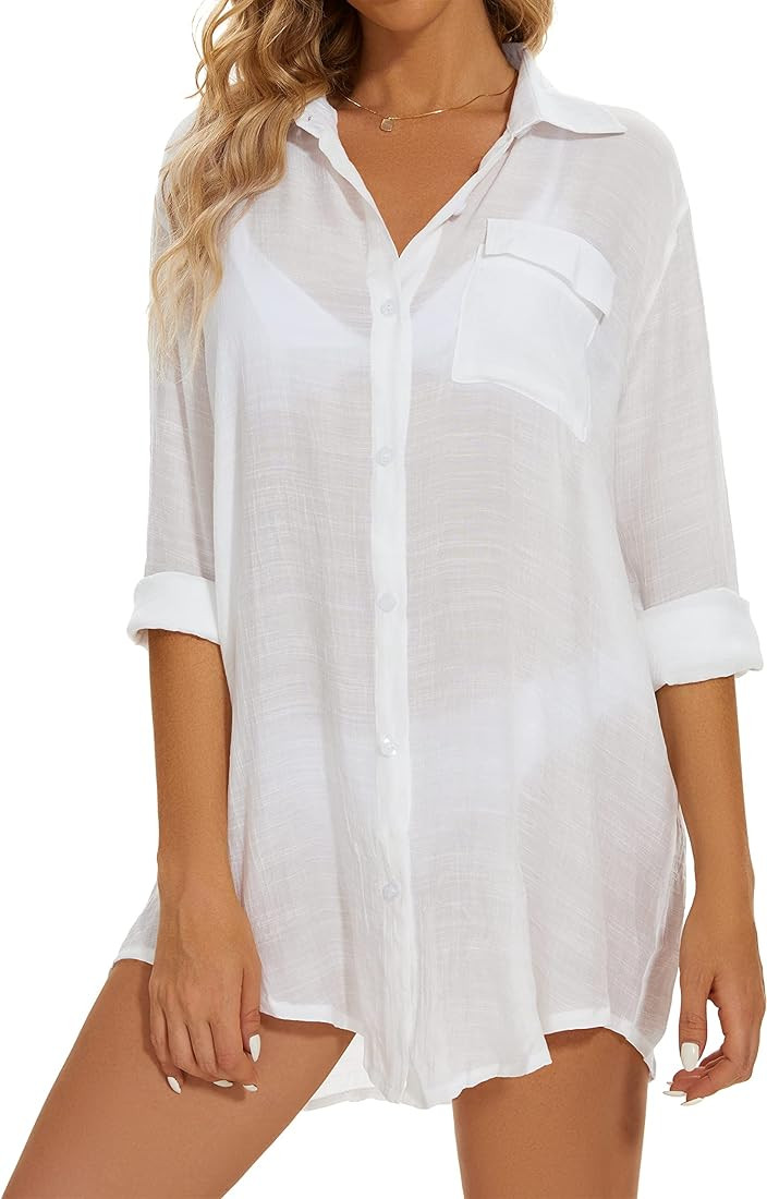 TBONTB Women Beach Cover Up Summer Swimsuit Bikini Bathing Suit Long Sleeve Linen Button Down Shi... | Amazon (US)