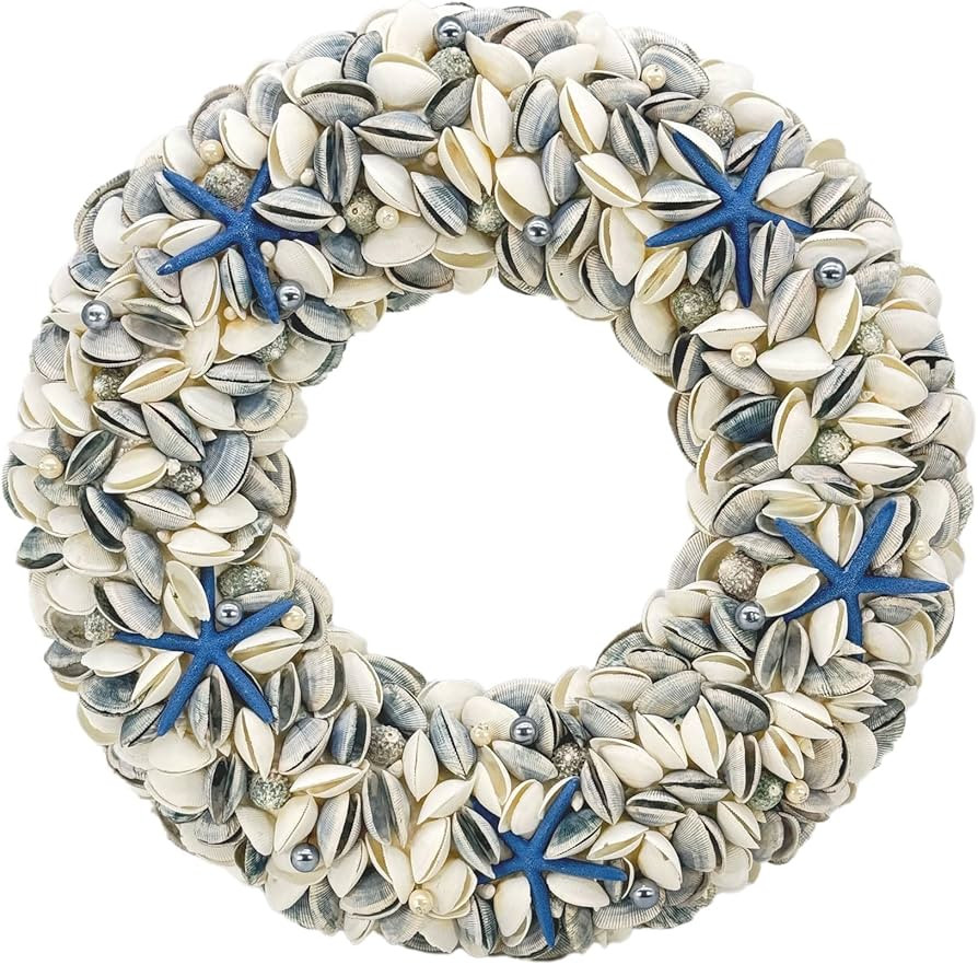 Natural Seashell Wreath w/Shells, Starfish, Pearls, Sea Snails - Spring & Summer Coastal Decor Be... | Amazon (US)