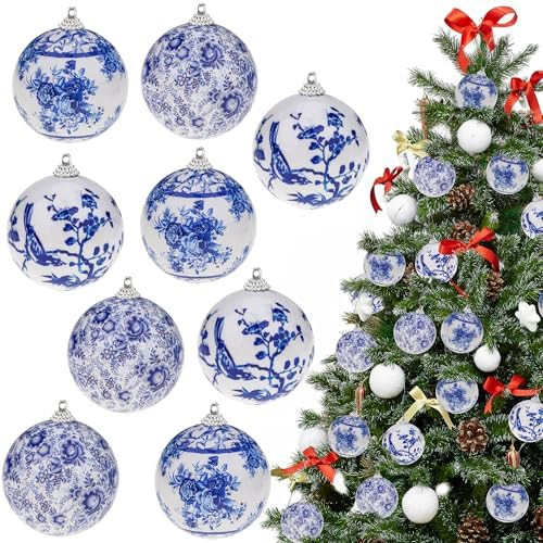 9 Pcs Christmas Blue and White Chinoiserie Ornaments Ball 2.95 Inch Christmas Plastic Hanging Bal... | Amazon (US)