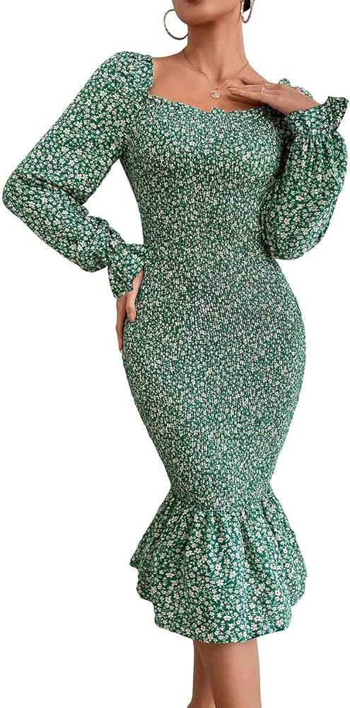 PRETTYGARDEN Women's Long Puff Sleeve Floral Midi Bodycon Dresses Square Neck Ruffle Mermaid Smoc... | Amazon (US)