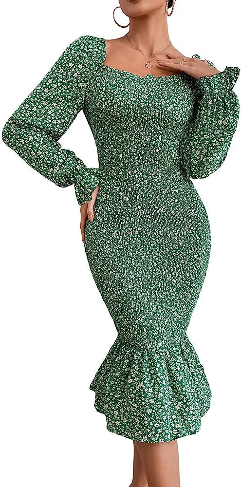 PRETTYGARDEN Women's Long Puff Sleeve Floral Midi Bodycon Dresses Square Neck Ruffle Mermaid Smoc... | Amazon (US)