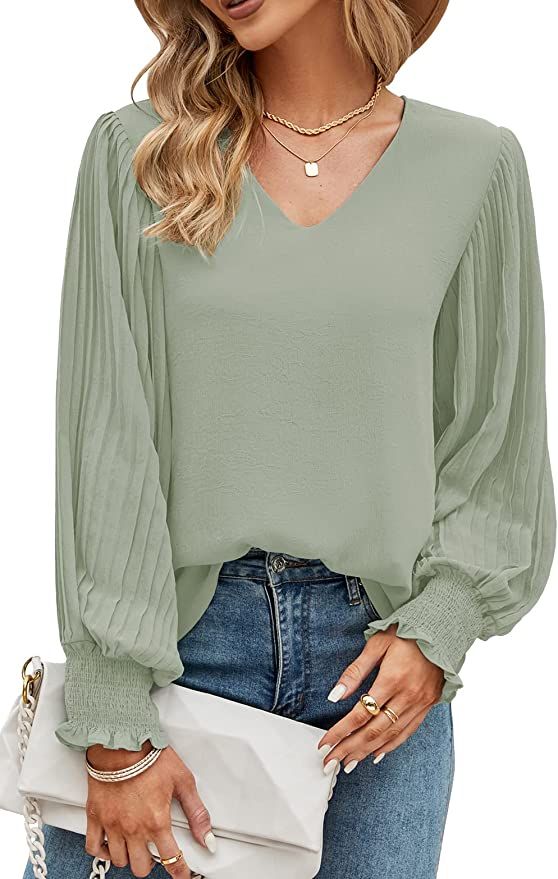 Aifer Women's Casual V Neck Chiffon Blouses Pleated Lantern Long Sleeve Flattering Dressy Tops El... | Amazon (US)