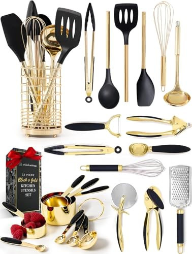 Black and Gold Kitchen Utensils Set - 23-Piece Luxury Kitchen Accessories Includes Gold Measuring Cups, Spoons, Silicone Cooking Utensils and Tools for Baking, Cooking, and Stylish Kitchen Decor | Amazon (US)