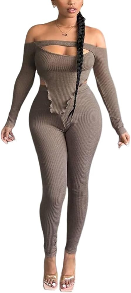 Kafiloe Women Sexy 2 Piece Outfits Tracksuit Ribbed Off the Shoulder Long Sleeve Crop Top Bodycon... | Amazon (US)