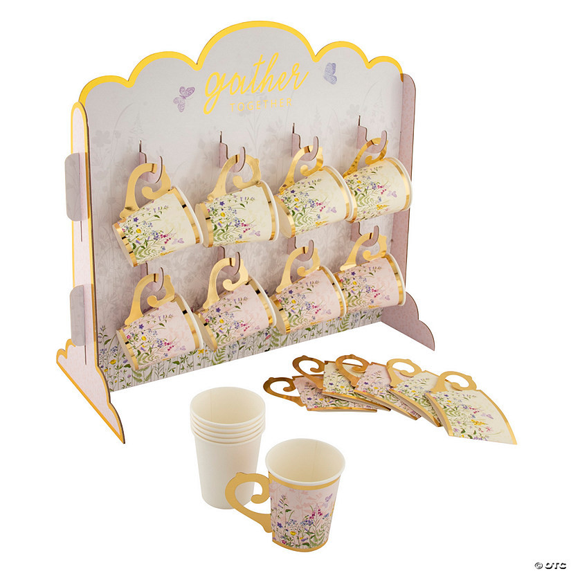 Let’s Partea Garden Floral with Gold Trim Teacup Stand with Cups – 17 Pc. | Oriental Trading Company