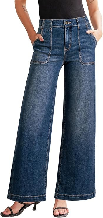 Sidefeel Womens Wide Leg Jeans High Waisted Stretchy Straight Leg Baggy Denim Pants with Pockets | Amazon (US)
