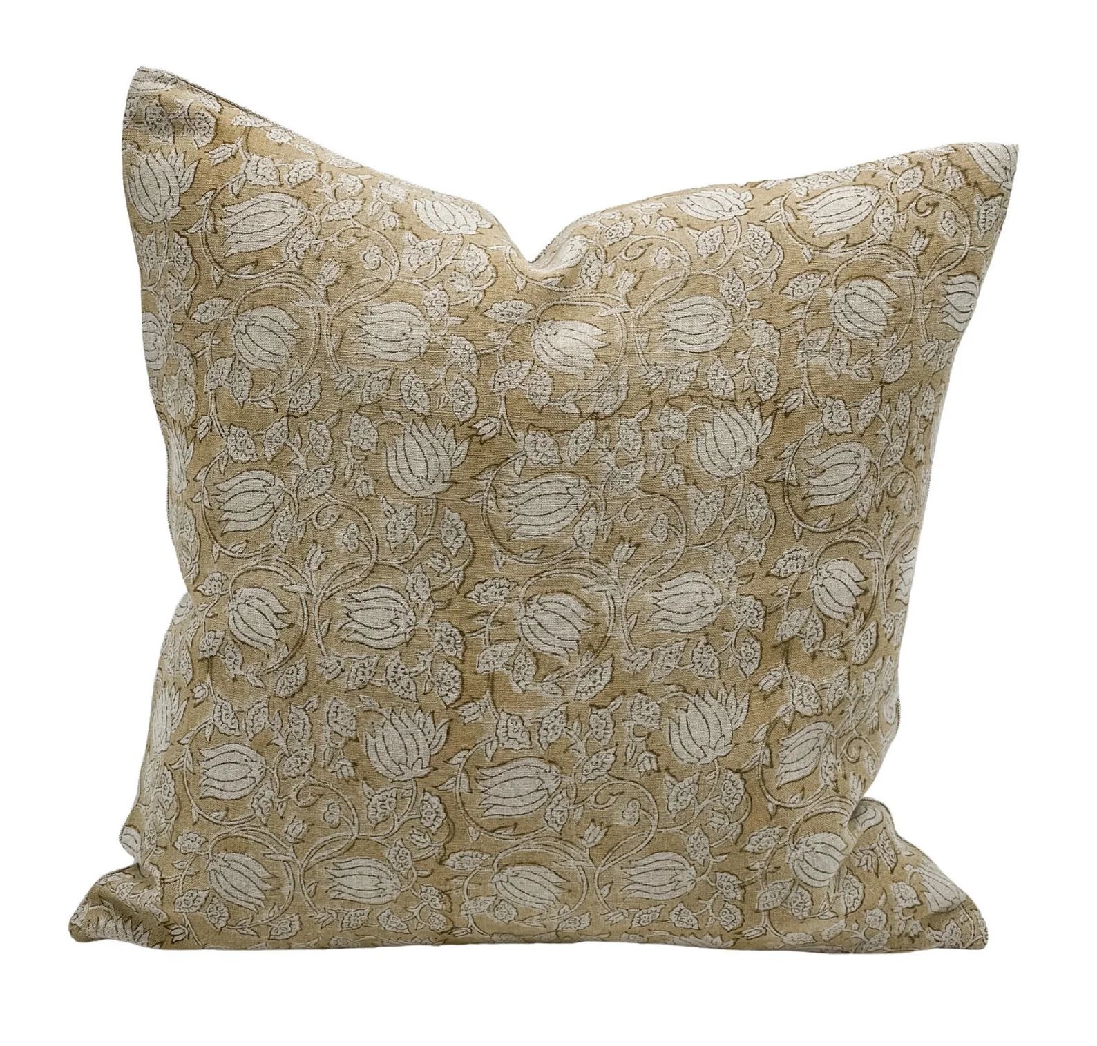 Designer Floral in Tan Beige on Natural Linen Pillow Cover - Etsy | Etsy (US)
