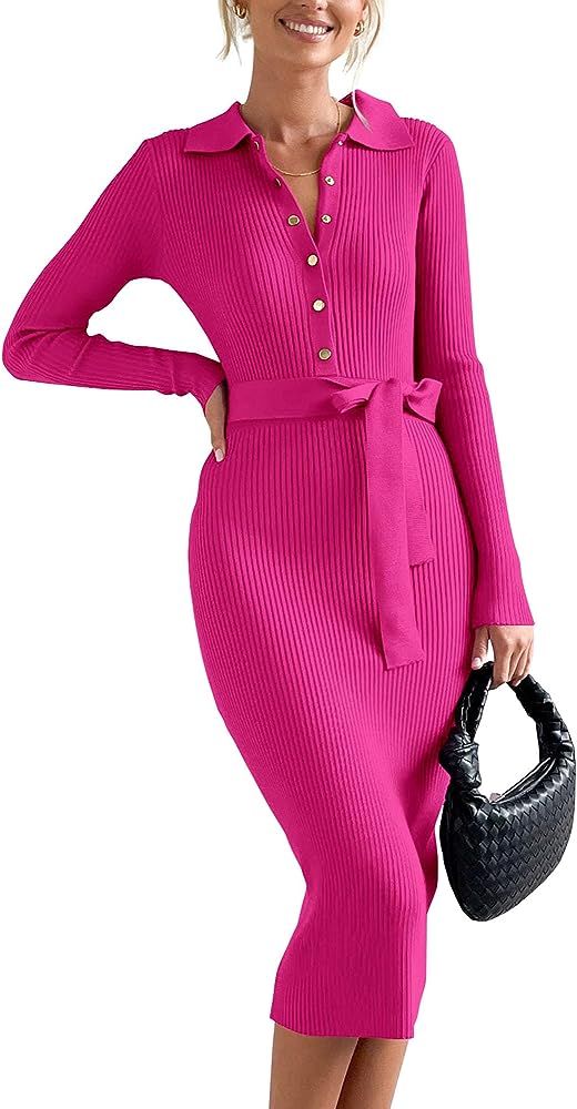 BTFBM 2023 Women V Neck Long Sleeve Bodycon Sweater Dress Button Up Tie Waist Ribbed Knit Midi Pe... | Amazon (US)