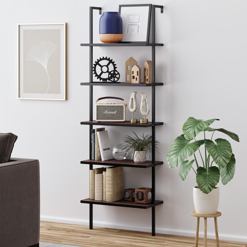 Theo Walnut Brown 5-Shelf Ladder Bookcase or Bookshelf with Black Metal Frame | The Home Depot