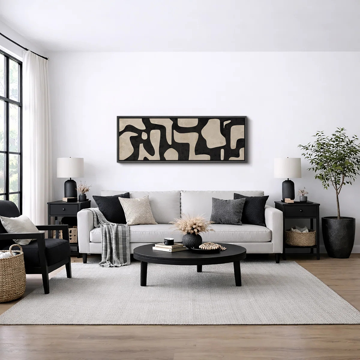 Mid Century Shape Abstract Contours, Black And White Beige Artwork, Retro Bedroom Home Decor, Ext... | Wayfair North America