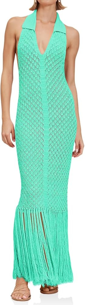 Saodimallsu Womens Halter Crochet Cover Up Fringe Sexy Backless Sleeveless V Neck Collared Vacati... | Amazon (US)