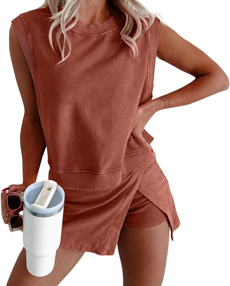 Yeokou Womens 2 Piece Washed Cotton Outfits Tank Top Skort Set Casual Summer Tracksuit with Side ... | Amazon (US)