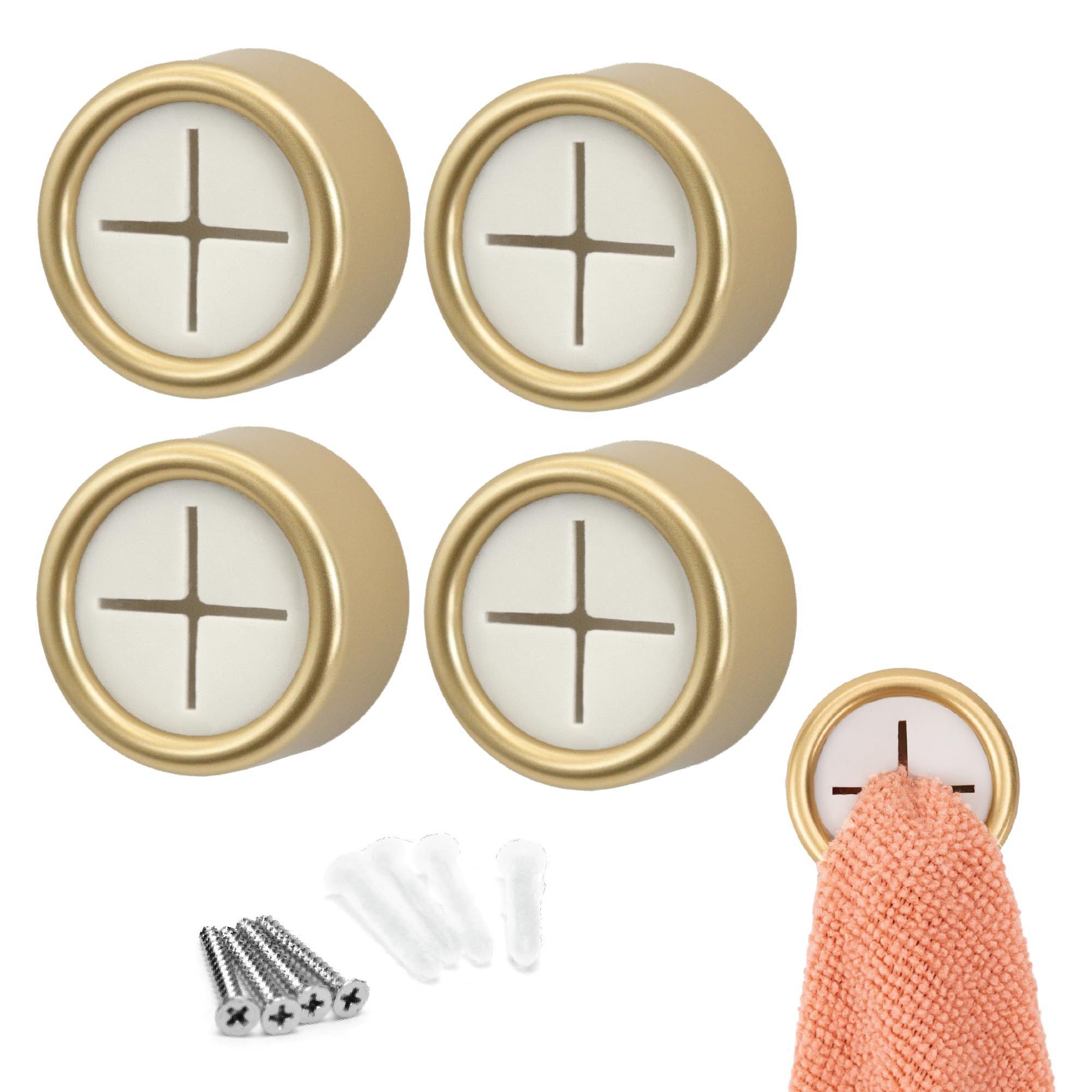 S&T INC. Round Adhesive Push Towel Hooks for Kitchen, Hand and Dish Towels, Brushed Gold, 4 Pack | Amazon (US)