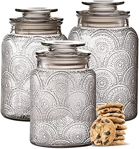 Le'raze Food Storage Containers with Airtight Lids - Retro Design - Pantry Organization, Glass Canisters Storage for Cookies, Tea, Sugar, Candy Jars, Sugar Packet, Set of 3 | Amazon (US)