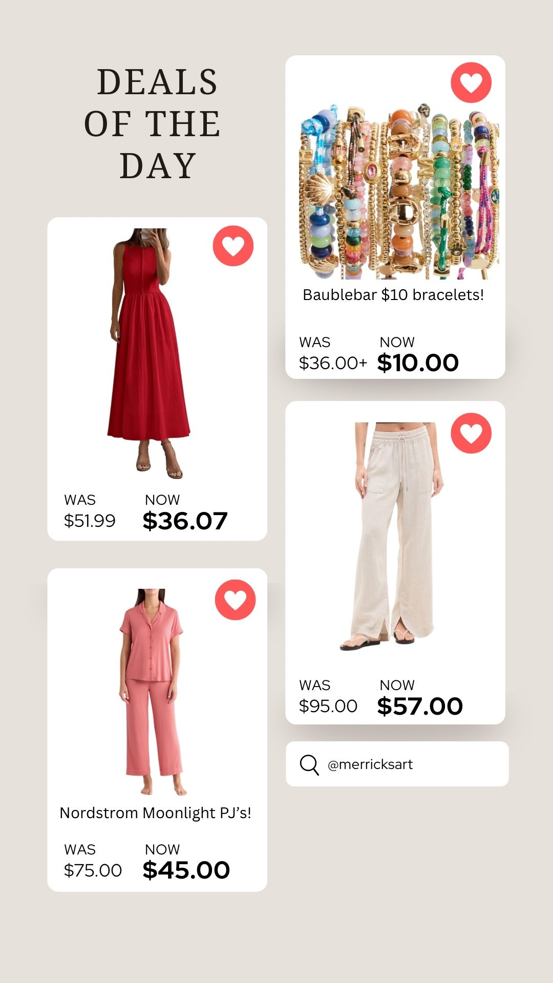 Four fantastic deals of the day! The one and done Amazon dress, bubble bar, bracelets on sale for 10 bucks, our favorite linen pants, and one of the best pairs of pajamas ever ￼