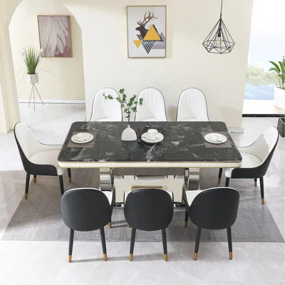 Luxury Modern Dining Table 78.7inch Black Dining Table with 6 chairs  Faux Marble Dining Table Top with Titanium-Plated Dual Circle Base with 6pcs Cha | Wayfair North America