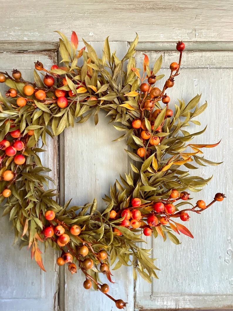 Fall Smilax Berry Wreath, Orange Berry Wreath, Fall Candle Ring Wreath, Fall Smilax Candle Wreath... | Etsy (US)