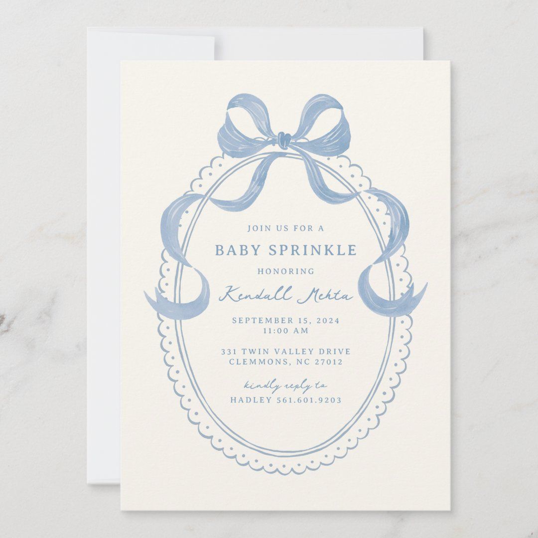 Dusty Blue Hand Drawn Bow Frame Bridal Shower Invitation | Zazzle