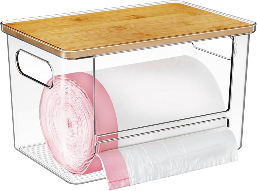 Trash Bag Holder, Acrylic Garbage Bag Dispenser with Bamboo Top, Extra Large Trash Bags Dispenser... | Amazon (US)