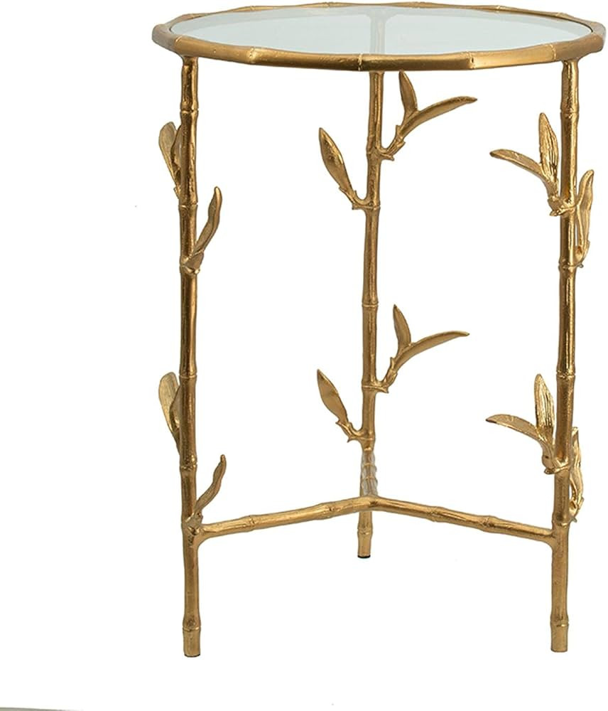 A and B Home 23.6" H Round Brass Antique Aluminum/Glass Indoor Side Table w/Bamboo Leaf Accents | Amazon (US)