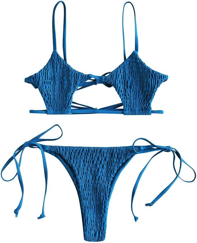 ZAFUL Women's Smocked Bikini Sexy Keyhole Shirred Spaghetti Strap Thong Cheeky Bathing Suits | Amazon (US)