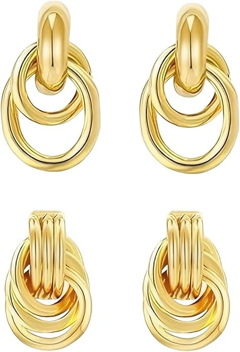 2 Pairs Chunky Twisted Drop Dangle Geometric Gold Knot Earrings for Women | Amazon (US)