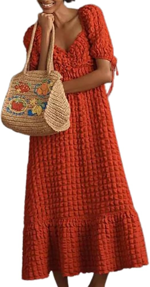 Women's Puff Sleeve Midi Dress Bubble Textured Smocked Sweetheart Neck Ruffled Flowy Dress | Amazon (US)