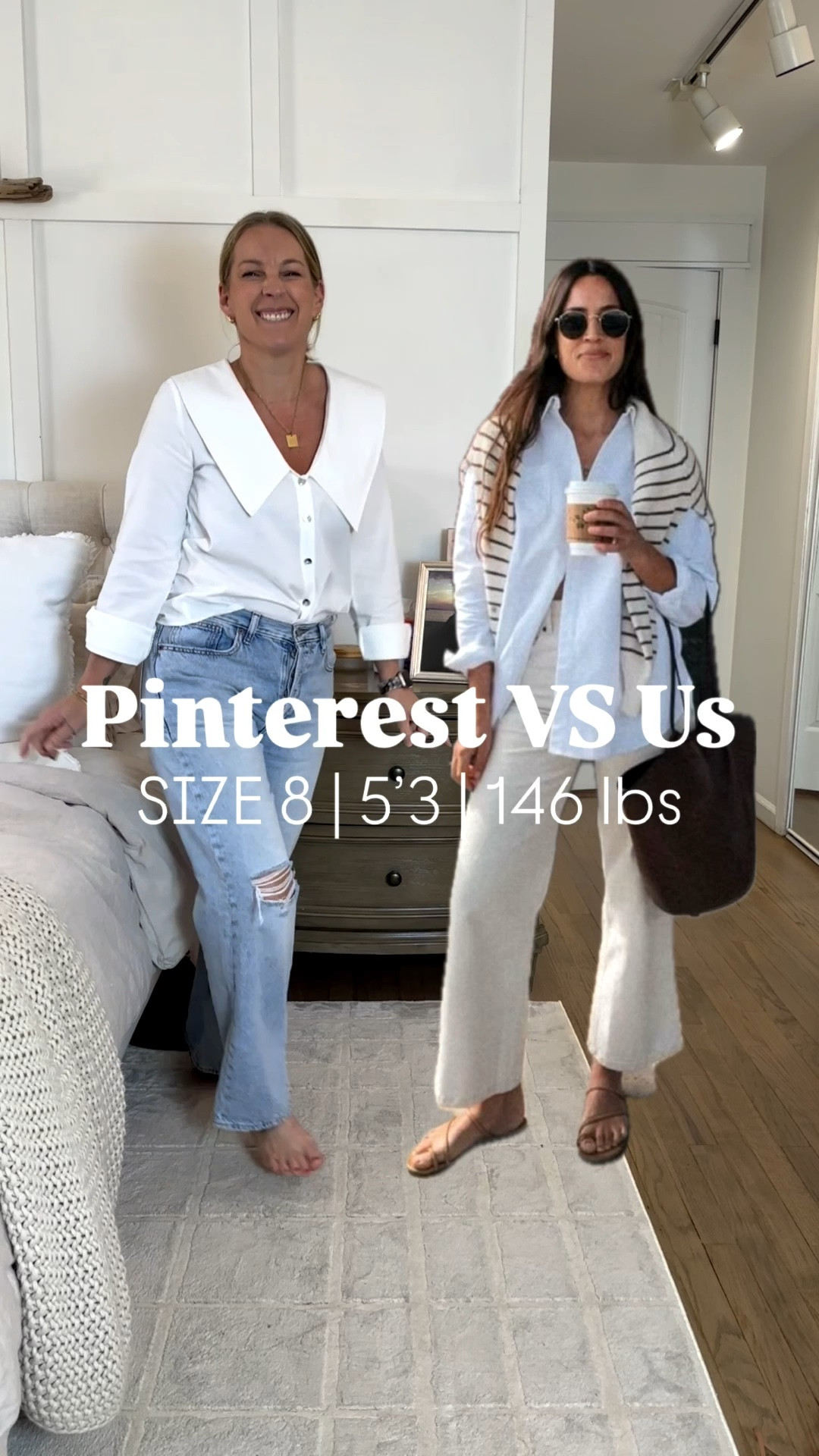 Who won??? I love this relaxed yet elevated look. Perfect for errands, lunch, even a more relaxed work setting or teacher! 
Opening outfit: small top; tts 8 reg jeans
Pinterest look: medium everything! 
This button down is great. It’s got nice weight to it, steams beautifully and is crisp! Sweater is actually super stretchy and soft. Pants are lightweight linen/cotton blend like. Steam easily! 

#LTKMidsize #LTKootd #LTKgrwm