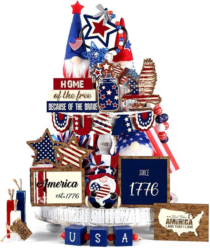 Bucherry 19 Pcs Patriotic Tiered Tray Decor 4th of July Table Decor Set Memorial Day Decorations ... | Amazon (US)