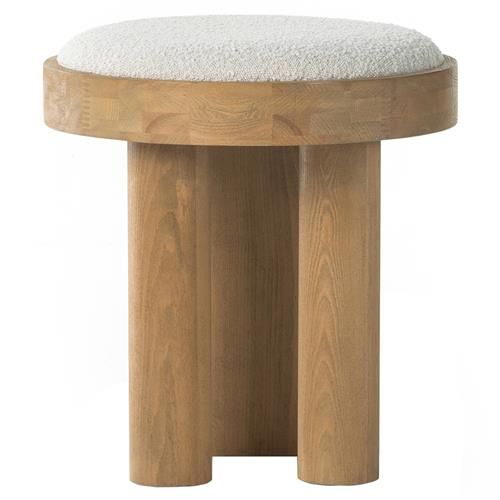 Skyler Rustic Lodge Off White Performance Boucle Natural Wood Round Accent Stool | Kathy Kuo Home
