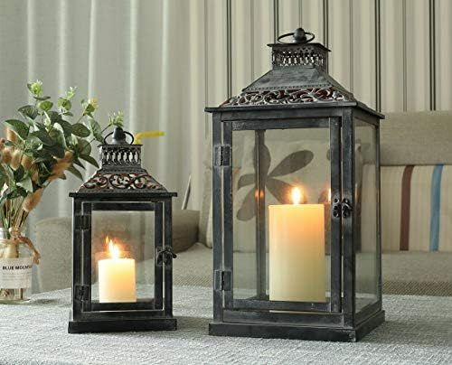 JHY DESIGN Set of 2 Antique Grey Brush Decorative Lanterns Metal Candle Lanterns for Indoor Outdo... | Amazon (US)