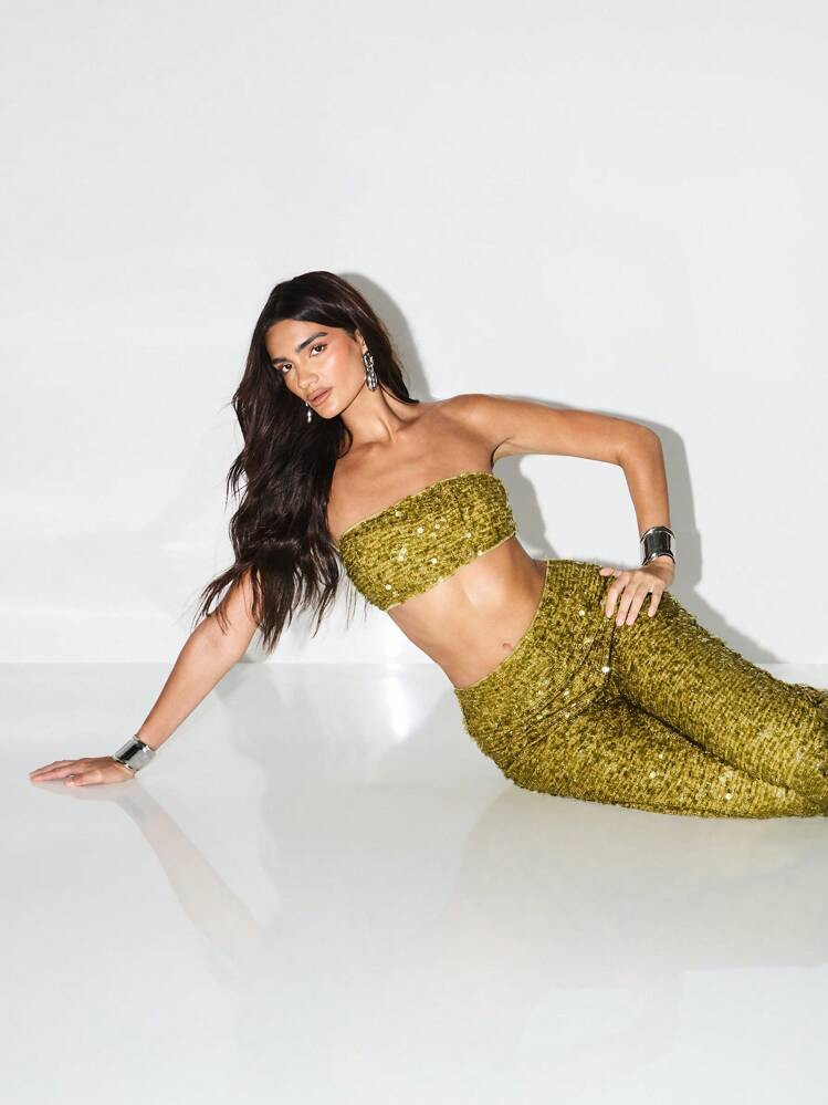 KIZN Festival Sequin Bandeau Two Piece Set Wide Leg Pants Co Ord Party Evening Holiday Beach Club Cocktail Concert Outfit Occasion Wear | SHEIN