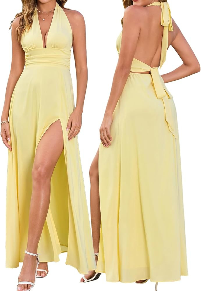 XinFSh Women's Halter V Neck Wedding Guest Maxi Dress Sexy High Slit Bow Tie Beach Vacation Long ... | Amazon (US)
