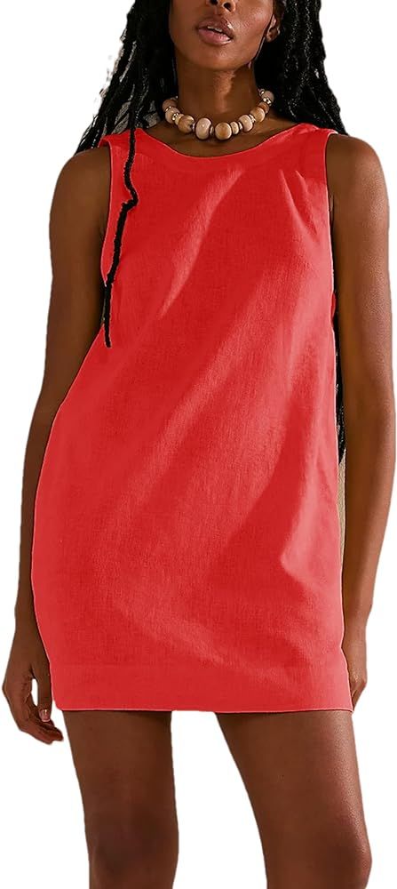 Womens Summer Crew Neck Sleeveless Open Back Dress Casual Beach Sunshine Cotton Linen Mini Dress(... | Amazon (US)