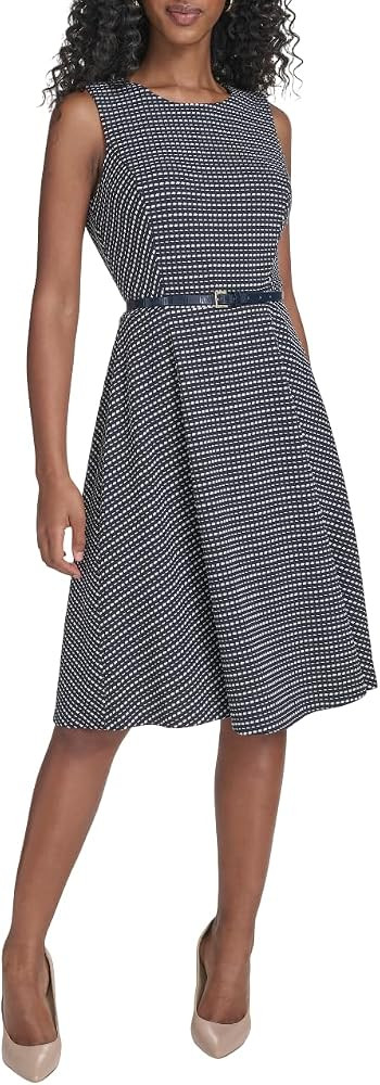 Tommy Hilfiger Women's Sleeveless Crew Neck Pinwheel Knit Belted Fit and Flare Dress | Amazon (US)