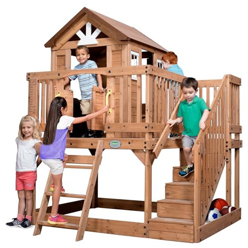 Backyard Discovery Scenic Heights Elevated Cedar Wooden Kids Playhouse with Play Kitchen, Wrap-Around Deck, Toy Storage Bench, Saloon-Style Doors, Ladder, Stairs, and Growth Chart for Outdoor Play | Amazon (US)