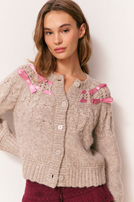 Clementian Alpaca-Blend Ribbon Cardigan OATMEAL MELANGE / XXL | LoveShackFancy