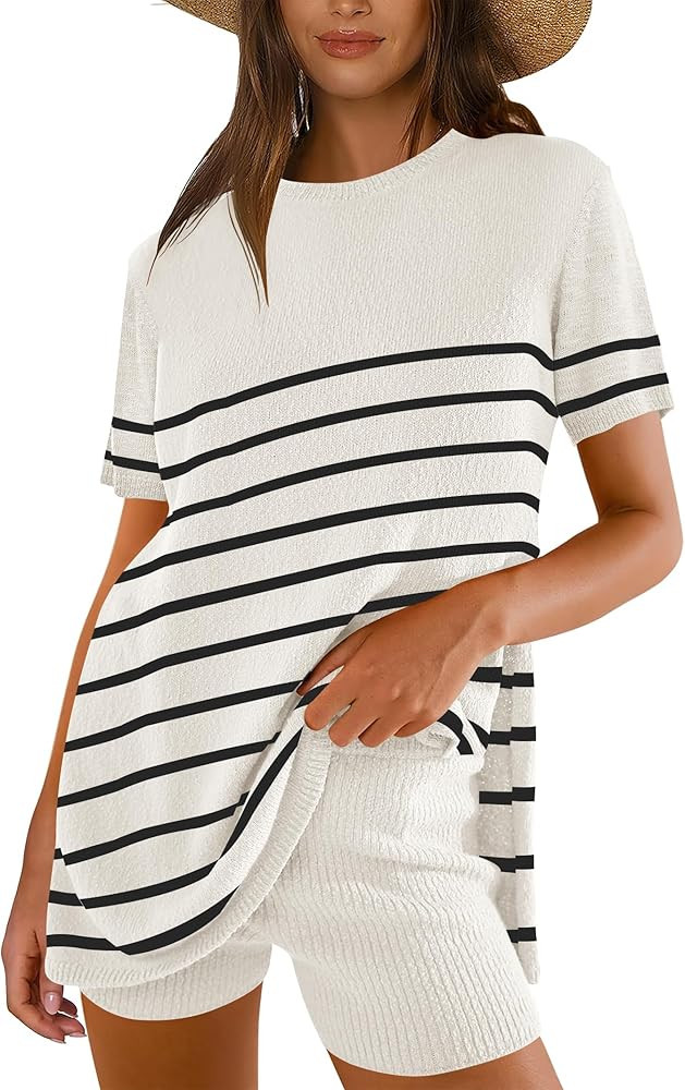ANRABESS Women Summer 2 Piece Outfits Knit Short Sets Casual Sweater Top & Shorts Matching Lounge... | Amazon (US)