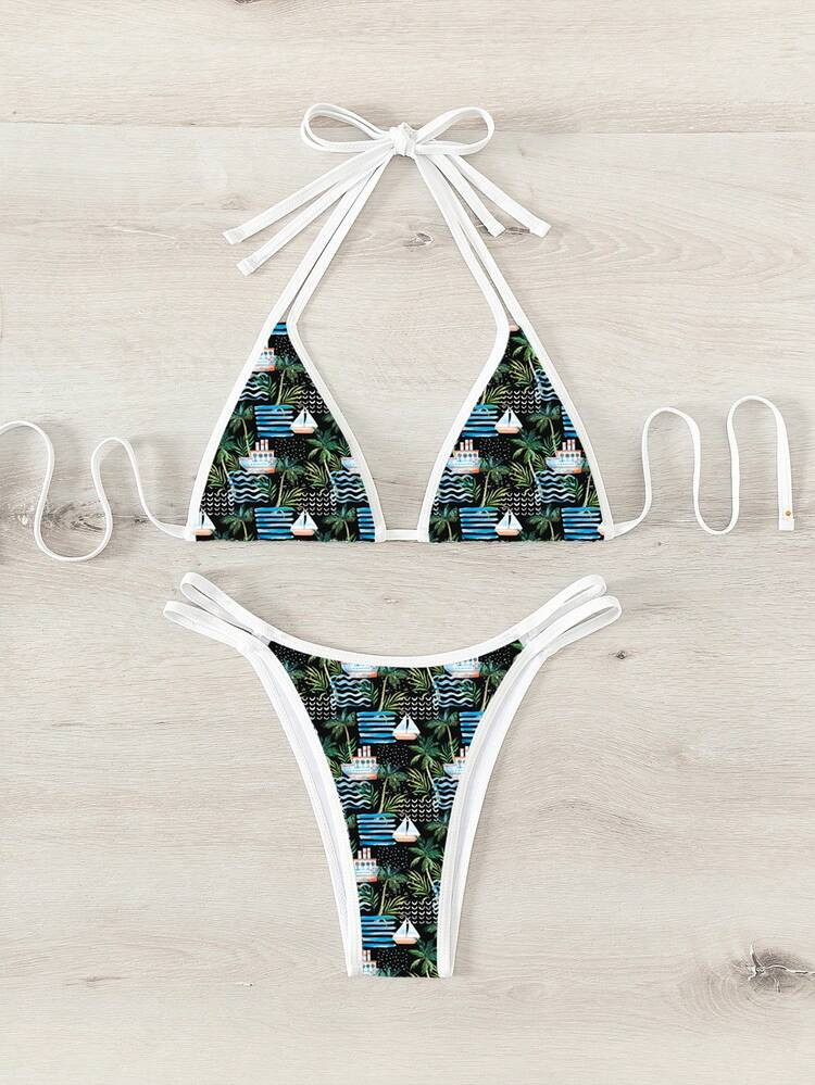 Boat & Tropical Print Triangle Bikini Swimsuit | SHEIN