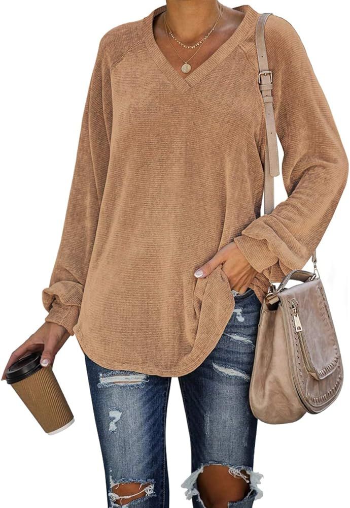 WIHOLL Womens Long Sleeve V Neck Corduroy Shirts Loose Casual Tunic Tops | Amazon (US)