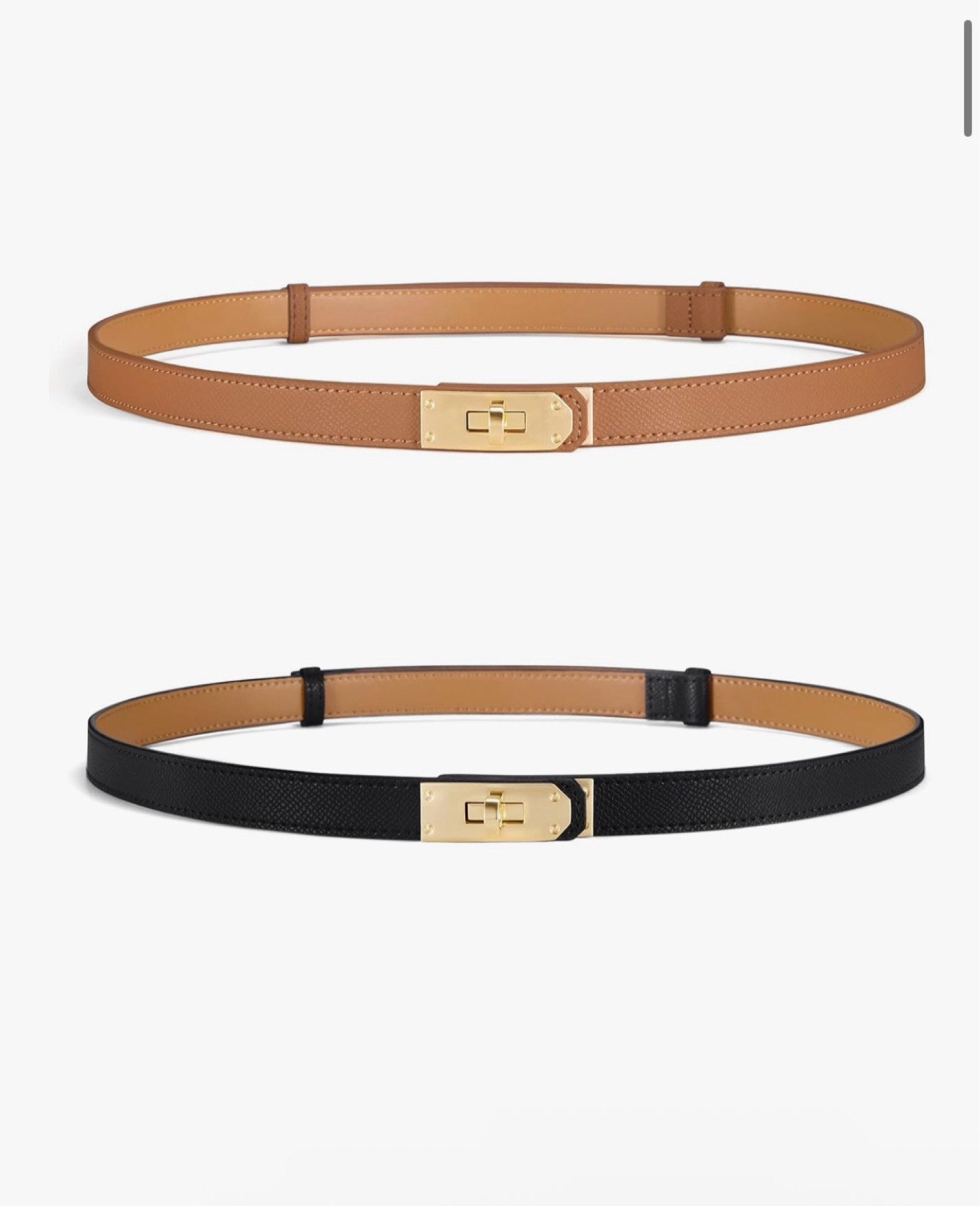Women’s Skinny Leather Belt with Gold or Silver Turn-Lock Buckle – Adjustable Thin Belt for Dresses, Office & Wedding