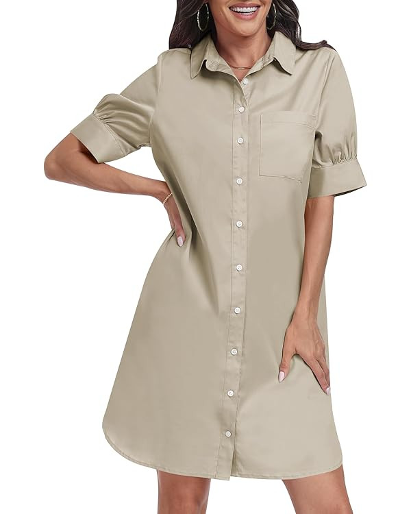ANRABESS Womens Button Down Shirt Dress with Pockets Short Sleeve Loose Business Casual Summer Be... | Amazon (US)