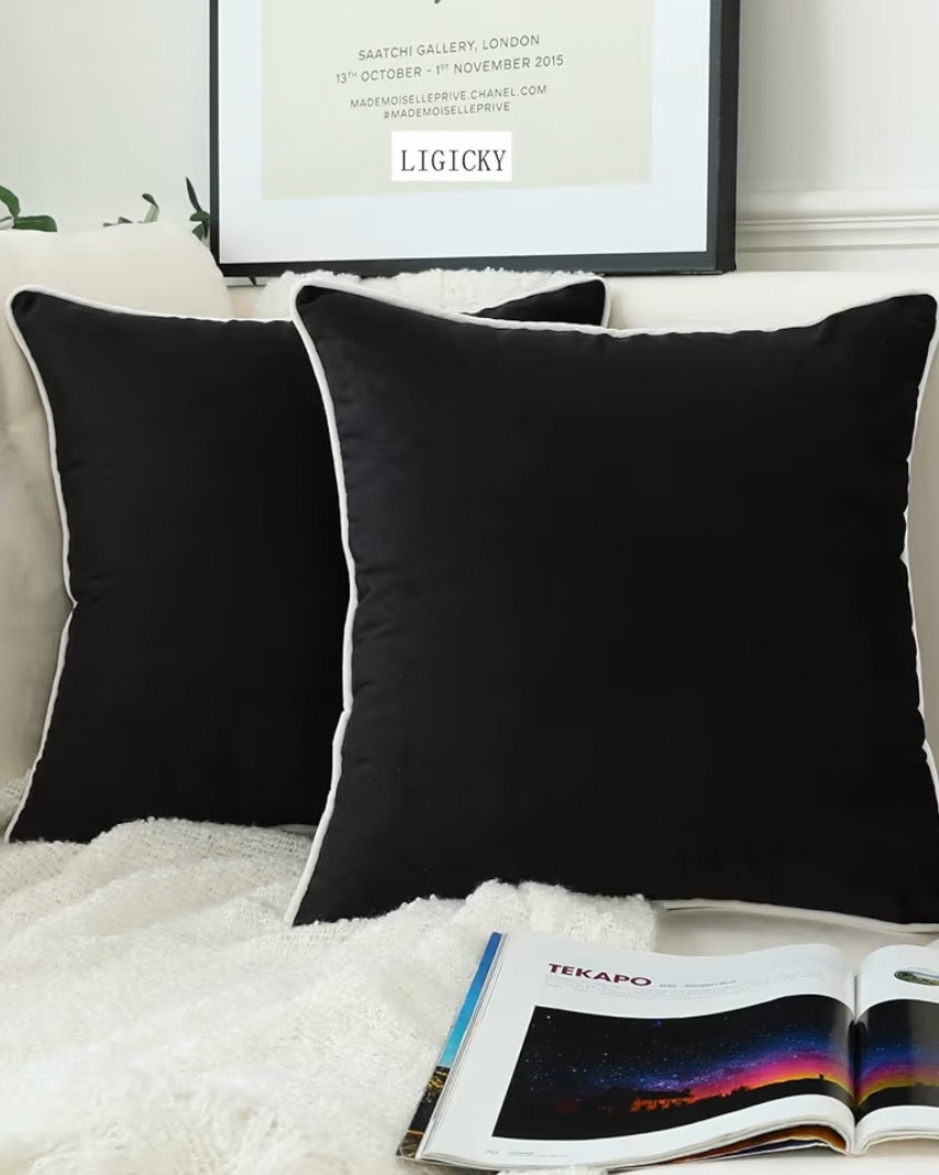 LIGICKY Set of 2 Black Velvet Throw Pillow Covers Modern Minimalist Style, 20x 20 inch Solid, Decorative, White Rope Edging, Soft Square, Cushion Cases, for Sofa Bedroom Party Décor

#LTKSaleAlert #LTKFindsUnder50 #LTKHome