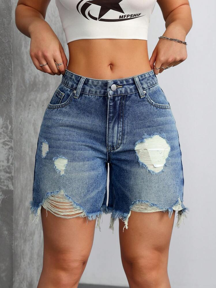 SHEIN ICON Women's Distressed Pockets Frayed Hem Casual Denim Shorts | SHEIN