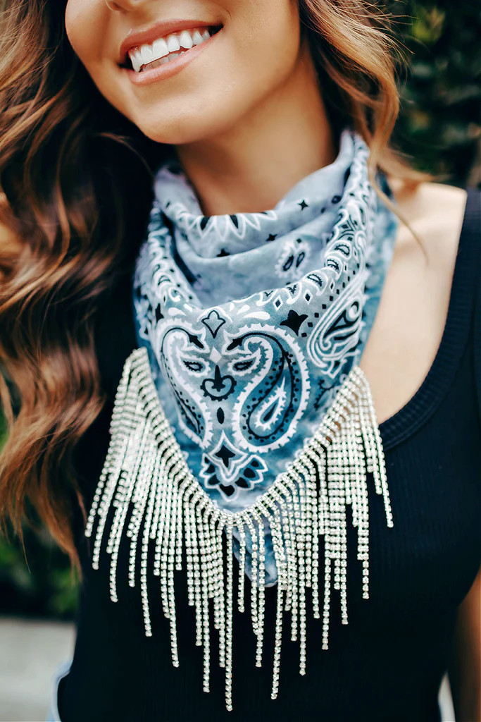 AS SEEN ON MORGAN WRIGHT!! “GB ORIGINAL" Crystal Fringe Bandana in Denim Blue Ombre | Glitzy Bella