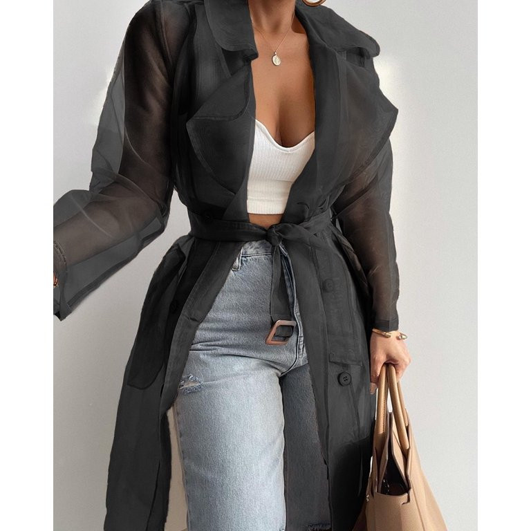 ZOELNIC Women's Summer Mesh Sheer See Through Double Breasted Midi Trench Coat Belted Lightweight... | Walmart (US)