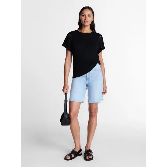 Time and Tru Women's Textured Crewneck Sweater with Short Sleeves, Lightweight, Sizes XS-XXXL | Walmart (US)