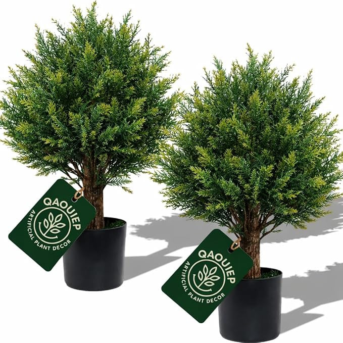 Amazon.com - Artificial Cedar Topiary Trees - 24" Tall 17" Wide Set of 2 | Outdoor UV Resistant F... | Amazon (US)