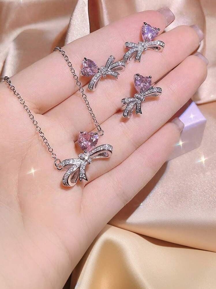 4pcs/Set Exquisite Girly Pink Heart & Bowknot Necklace, Ring, Earring Jewelry Set, Suitable For Women's Daily Wear, Ideal Valentine's Day Gift For Girlfriend,Mom,Mother,Mother's Day,Gift | SHEIN